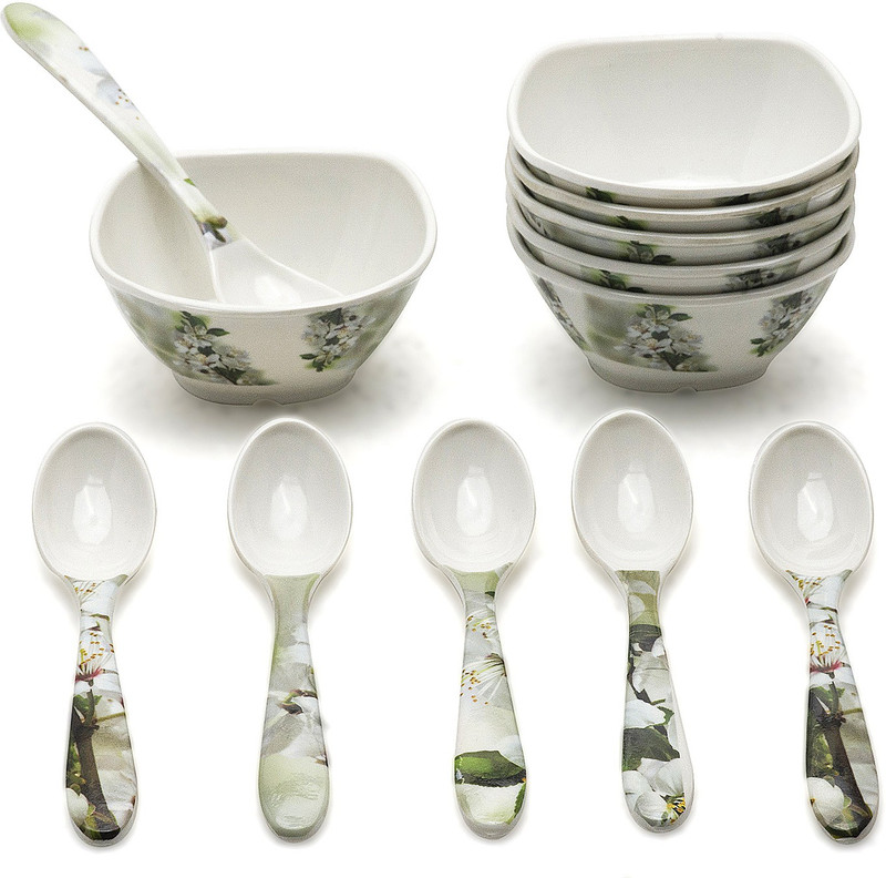 BATANIYA Melamine Serving Bowl Lily Floral 6 Veg Bowl, 6 Tea Spoon(Pack of 12, Green)