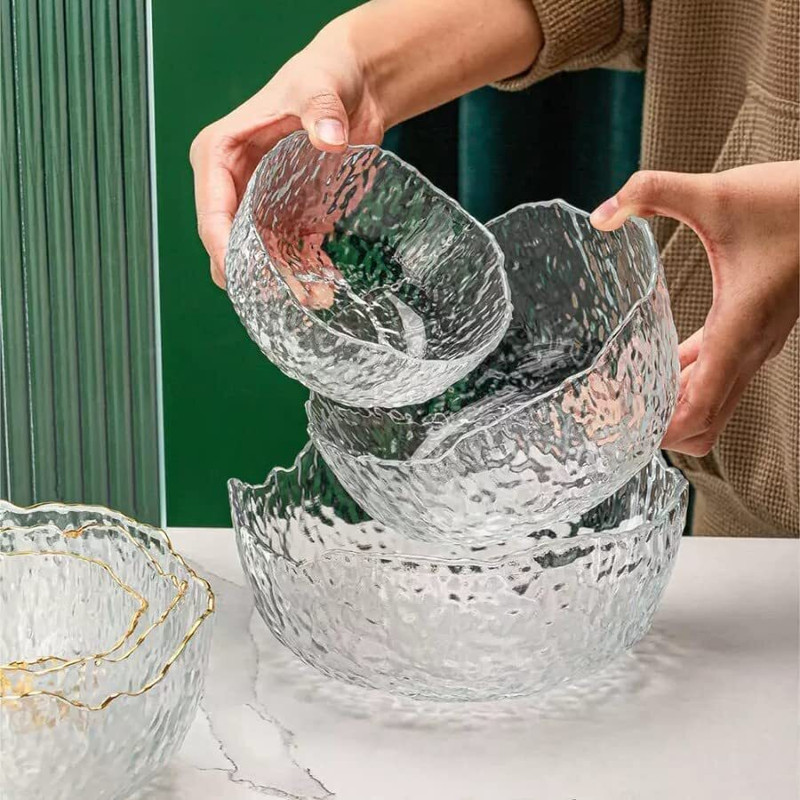 BABALIFINCH Glass Salad Bowl Iceberg black Rim Salad Bowl for Mixing, Pasta, Cereal, Salad, Cake for kitchen(Pack of 3, Clear)