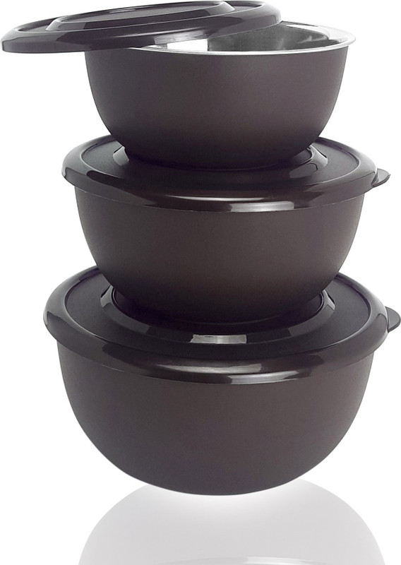 Zaib Polypropylene, Stainless Steel Mixing Bowl Stainless Steel Micro Safe Euro Mixing Bowl with lid for kitchen food storage(Pack of 3, Beige)