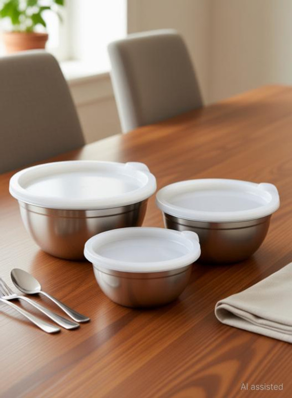 GOODLIFE Plastic Storage Bowl Stainless Steel Bowl 12cm, 14cm and 16cm, Set of 3(Pack of 1, Steel)