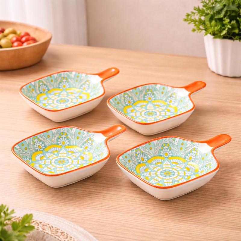 MARKET 99 Ceramic Sauce Bowl 4 Piece Ceramic Microwave Safe Chutney Bowl (90 ml Each)-Square(Pack of 4, Multicolor)