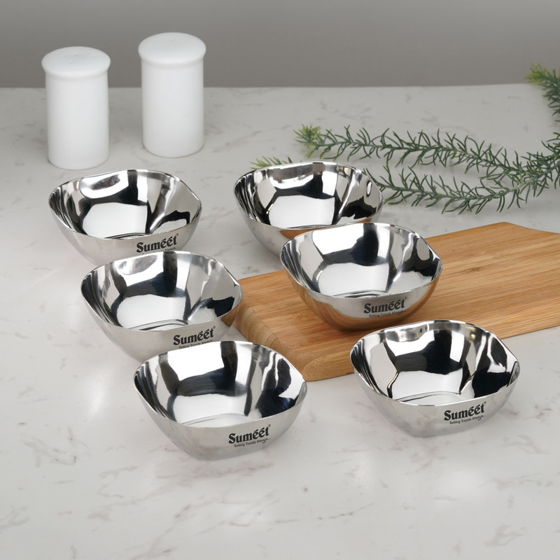Sumeet Stainless Steel Dessert Bowl Heavy Gauge Stainless Steel Square Bowl / Wati / Katori with Mirror Finish –7cm(Pack of 6, Steel)