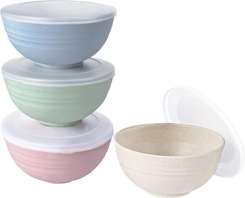 IMOX Sugarcane Bagasse Cereal Bowl Wheat Husk Fiber Serving and Mixing Bowls with Lids,Microwave Safe Bowl Disposable(Pack of 4, Multicolor)