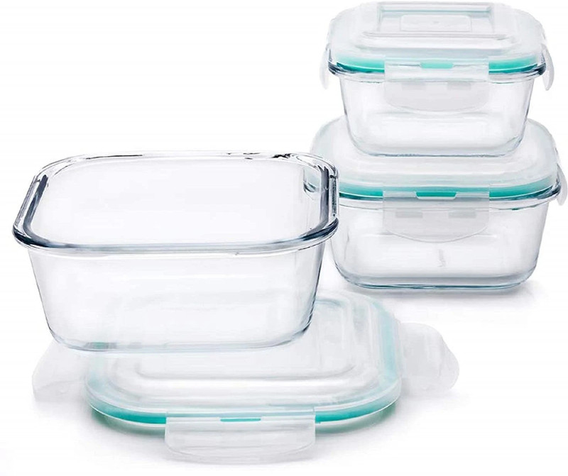 Shivanta Enterprise Glass Storage Bowl Borosilicate Square Glass Food Storage Containers Microwave and Oven Safe with Air Vent Lids- Set of 3-320ml, 520ml, 800ml(Pack of 3, Clear)