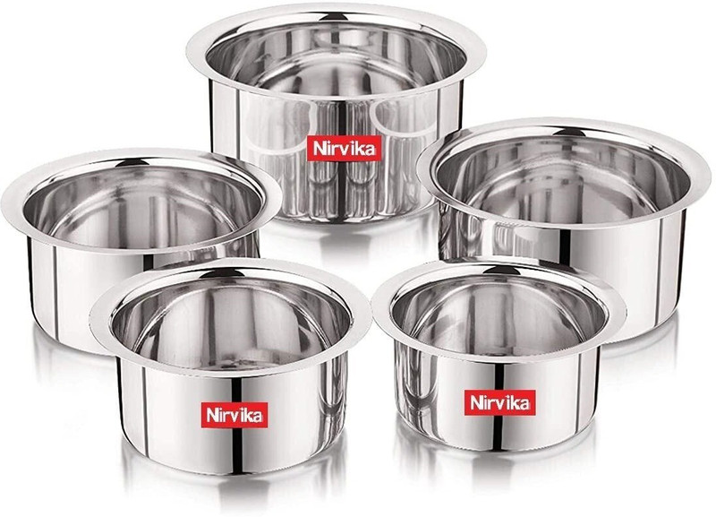 Nirvika Stainless Steel Serving Bowl 5 Pcs Stainless Steel flat Bottom Container Set/Tope/tapeli/patila Cookware Set heavy Gauge (Capacity 425ml, 550ml, 850ml, 1250ml, 1500ml Approximately) Strong-Durable-Reliable Tope Set (Stainless Steel)(Pack of 5, Silver)