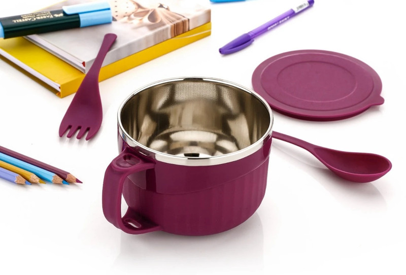 Kitchking Plastic Soup Bowl Stainless Steel Soup/Noodels Bowl Set with 2 Spoon(Pack of 1, Purple)