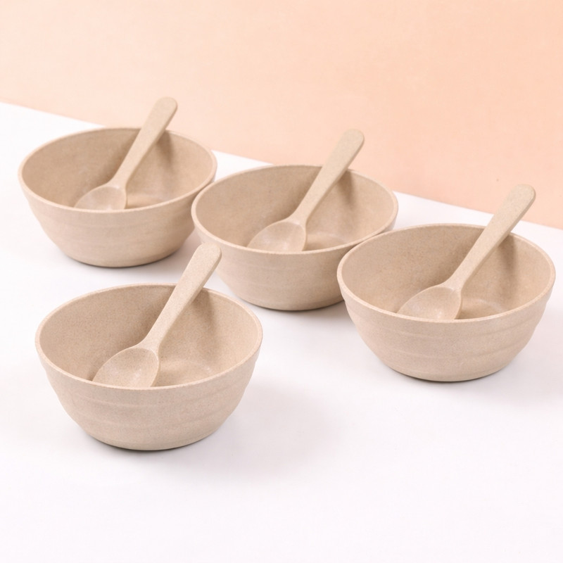 Prakritva Biocomposite Serving Bowl Wheat Straw Bowl Set (4 Bowls + 4 Spoons, 600 ml) Beige(Pack of 4, Beige)
