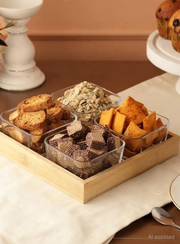 HOMORYX Glass Serving Bowl Wooden Tray for Serving Dry Fruit, Chocolate, Snacks, Dessert Disposable(Pack of 4, White)