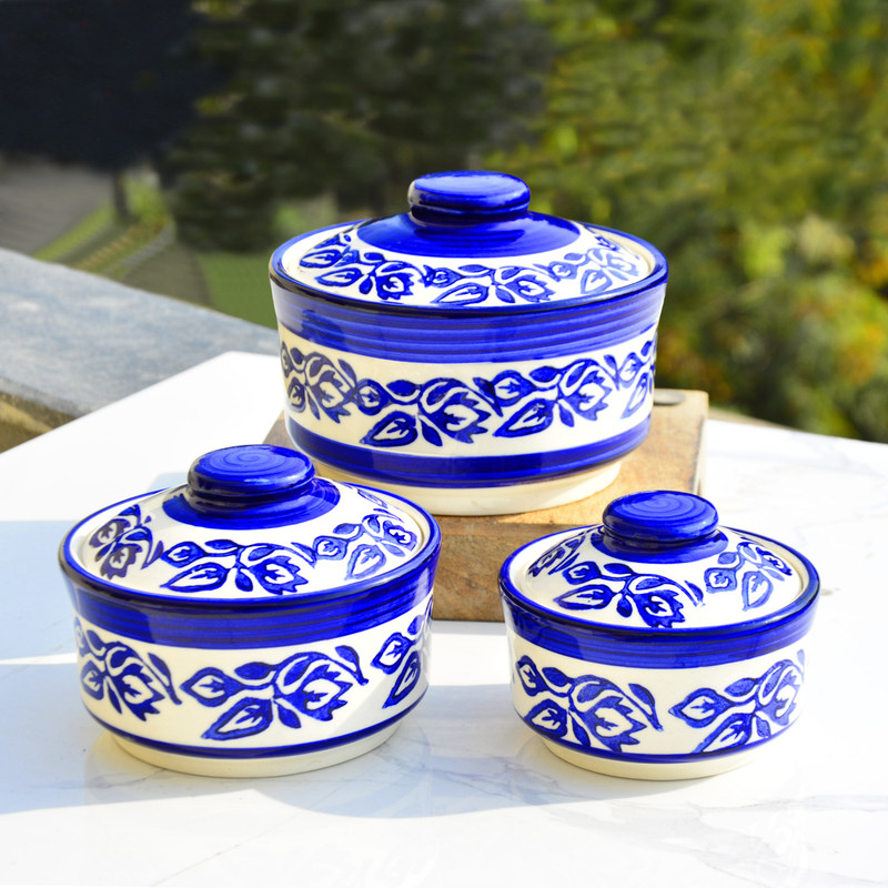 StyleMyWay Ceramic Vegetable Bowl Studio Pottery Handpainted Serving Donga Casserole Set (Set of 3, Blue) |(Pack of 3, Blue)