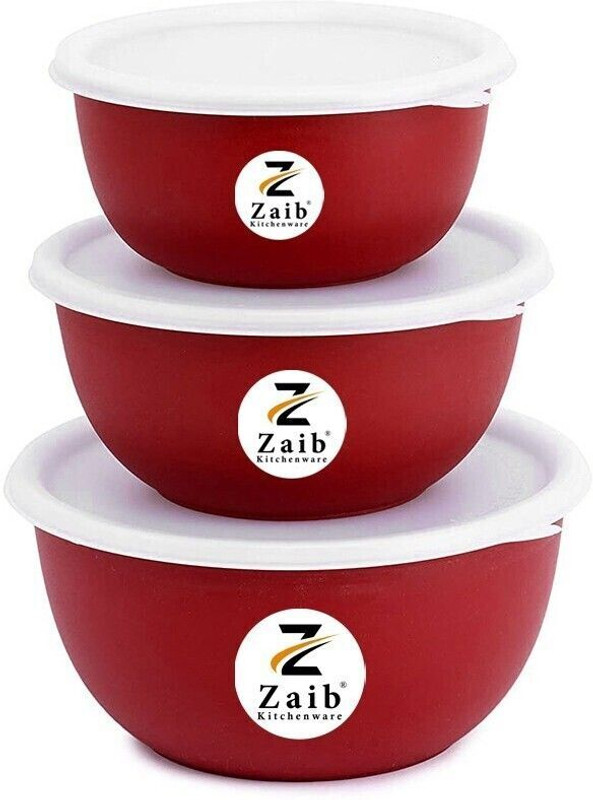 Zaib Steel, Plastic Decorative Bowl Steel_Bowl_Microwave Safe Plastic Coated Euro Bowls with LID (Capacity: 1250ML,750ML,500ML ) Stainless Steel Mixing Bowl (red color, Pack of 3)(Pack of 3, Red)