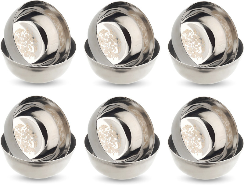 LIMETRO STEEL Stainless Steel Serving Bowl Pack of 12 Serving Bowl Set for Kitchen ( Pack of 12 , Size: 9 CM, Laser Print)(Pack of 12, Steel)