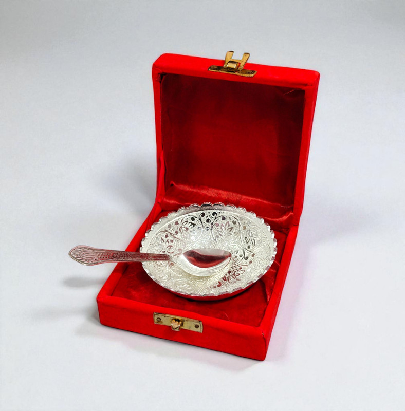 F h handicrafts Aluminium Decorative Bowl Silver bowl with spoon(Pack of 1, Silver)