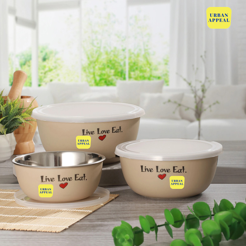 Urban Appeal Stainless Steel Serving Bowl Mixing Bowl Set 3 (500ml, 800ml,1250ml) Microwave Safe|Kitchen Bowl Set with Lid(Pack of 3, Brown)