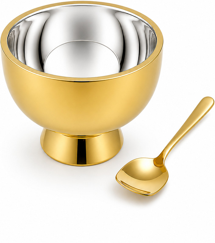 Aanya Home Craft Stainless Steel Dessert Bowl Champagne Gold Stainless Steel Double Wall Ice Cream Cup with Spoon(Pack of 1, Gold)
