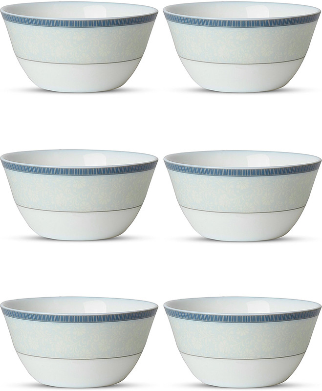 Crocera Opalware Serving Bowl LaOpala Diva Amaya Blue, 340ml (Plain, Super White), OpalGlass,(Pack of 6, Blue)