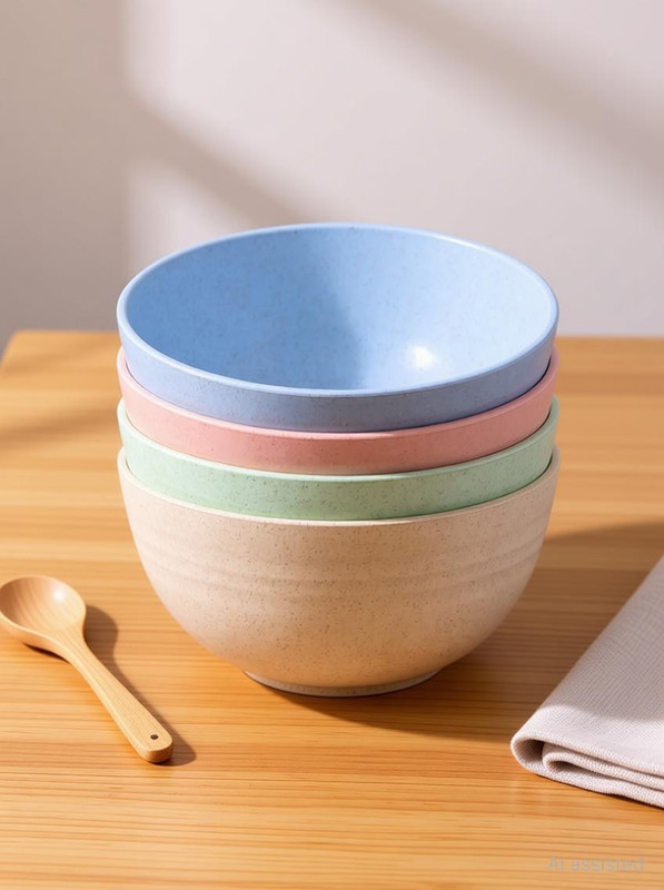 BRAVIK Plastic Soup Bowl Unbreakable Cereal Bowls Wheat Straw Bowls Reusable Microwave Safe Plastic Bowl Disposable(Pack of 4, Multicolor)