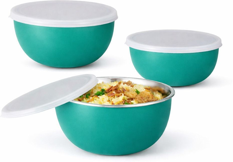 Zaib Stainless Steel Serving Bowl Bowl for microwave dinner set for whole family stainless steel Round-BOWL (SET OF 3)_bowl best gift for festival(Pack of 3, Green)