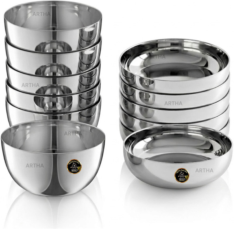 Artha Stainless Steel Soup Bowl Bowl Dish Set Include 6 Bowl And 6 Dish Mirror Polished And High Grade Steel Set(Pack of 12, Silver)