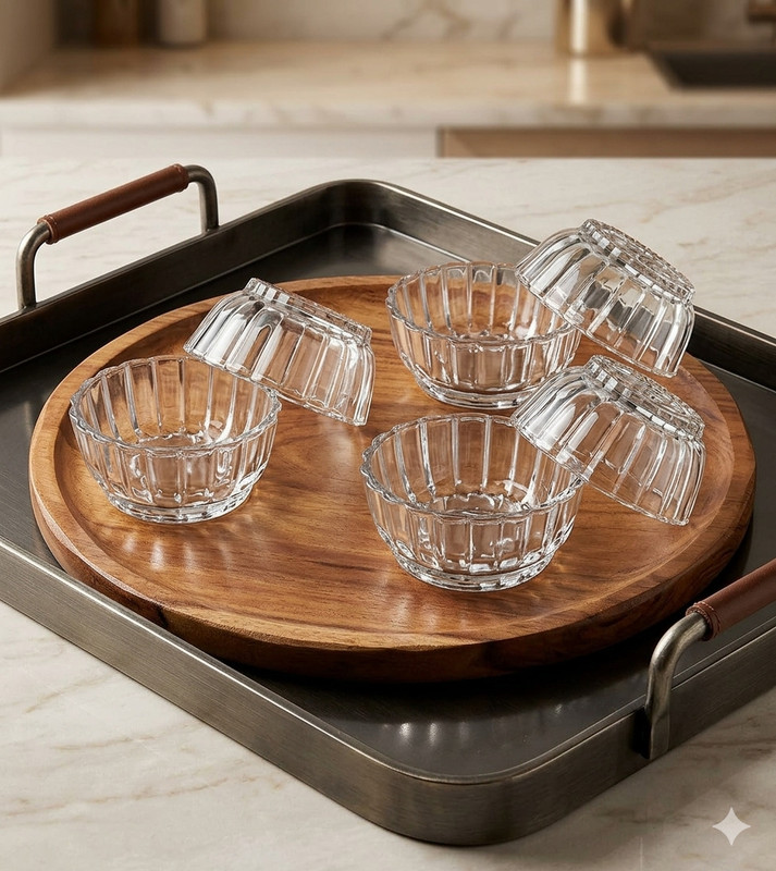 Crystaria Glass Serving Bowl Glass Dessert Bowls of 6 | Ribbed Design Ice Cream, Pudding, Snack & Dry Fruit(Pack of 6, Clear)