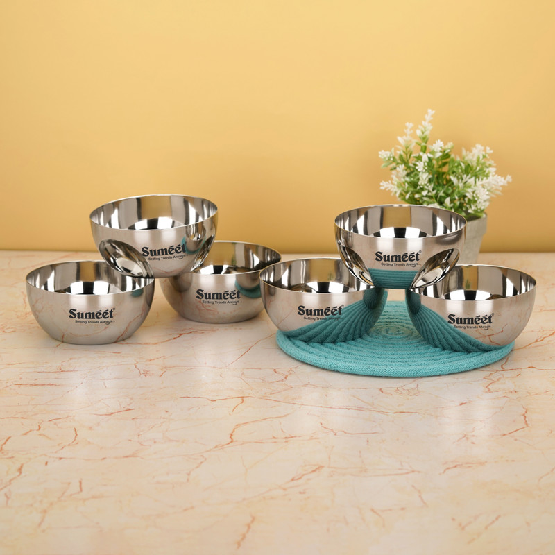 Sumeet Stainless Steel Serving Bowl Stainless Steel Big Shape Bowl/Wati/Katori with MirrorFinish – 12.2cm Dia(Pack of 6, Silver)