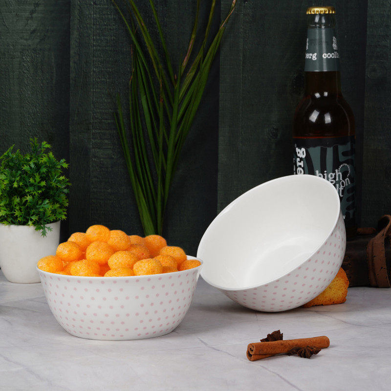 DANDY LINES Bone China Serving Bowl Korean Bowl with Pink Dots, 760006(Pack of 2, White)
