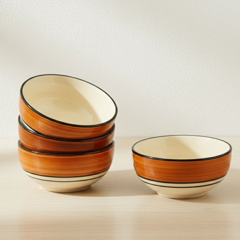 FREAKWAY Ceramic Serving Bowl Hand-painted Multicolored Ceramic Floral Bowls Set Ceramic Vegetable Bowl/Dessert Bowl/Soup Bowl (Multicolor, Pack of 4)-Brown & White(Pack of 4, Brown)