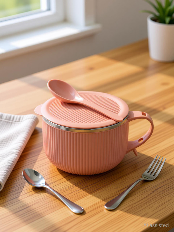 Jaypee Plus Stainless Steel, Polypropylene Soup Bowl Ribtok Meal Soup Bowl with Lid & Spoon for Travel and office(Pack of 1, Pink)
