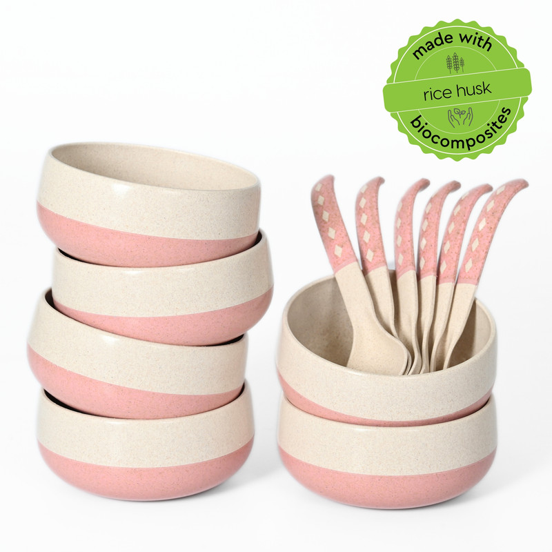 Eha Biocomposite Soup Bowl with Spoons | Made with Rice Husk | Microwave Safe Serving Bowls For Kitchen(Pack of 6, Pink)