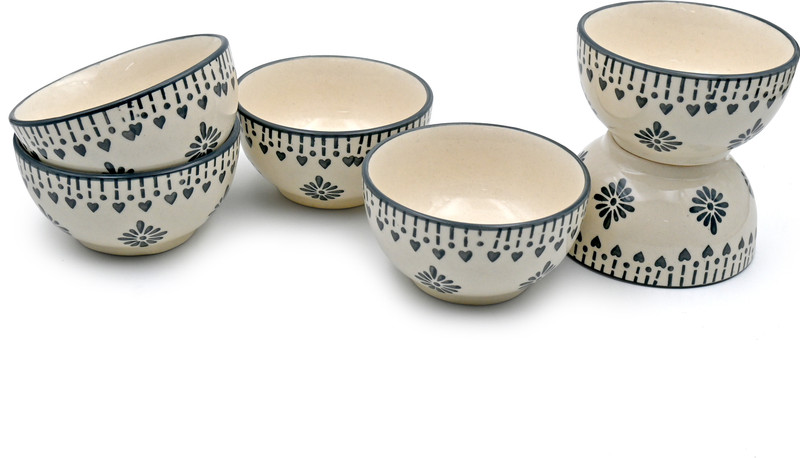 shadowgreen Ceramic Dessert Bowl Grey Jhallar bowl set(Pack of 6, Grey, White)