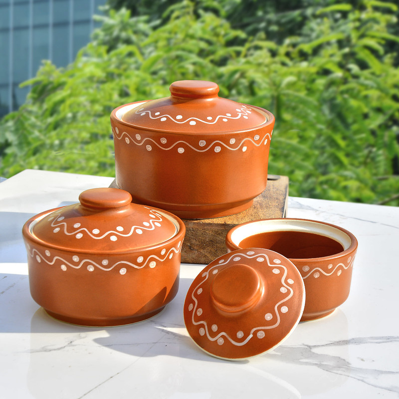 StyleMyWay Ceramic Serving Bowl Studio Pottery Handpainted Ceramic Serving Donga (Set of 3, Terracotta Brown) | Dinner Serving Bowl Set | Ceramic Kitchen Bowl Set(Pack of 3, Brown)
