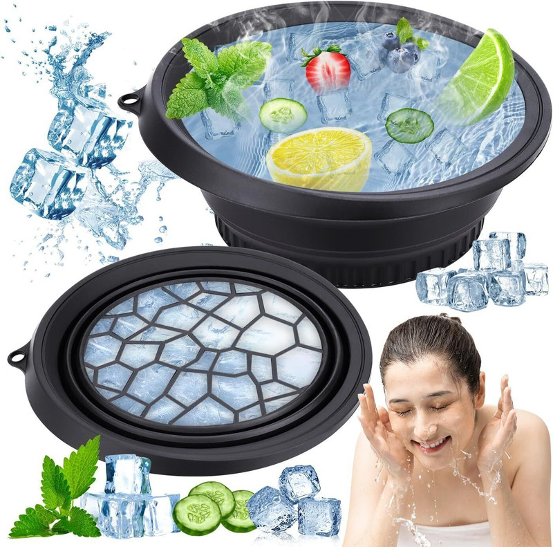 Deoxys Silicone Massage Bowl Face Bowl for Ice with Built-in Icetray, Foldable Silicone Facial Plunge Bowls Disposable(Pack of 1, Black)