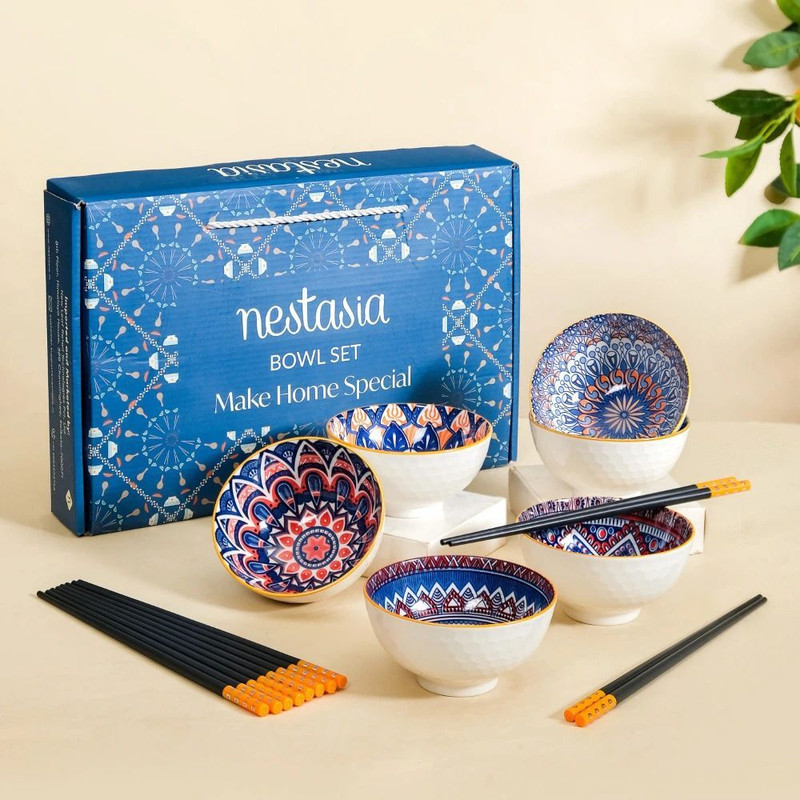 Nestasia Ceramic Serving Bowl Bowl in Mandala Pattern, Chopsticks Included, Microwave & Dishwasher Safe(Pack of 6, Multicolor)
