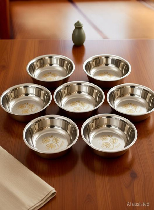 Fanqew Stainless Steel Soup Bowl Lazer Print STEEL Stainless Steel Serving Bowl Pack of 6 Set for Kitchen Disposable(Pack of 6, Steel)