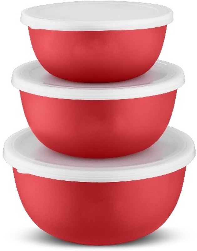 GenKraft Stainless Steel, Plastic Storage Bowl Flora Stainless Steel Microwave Safe 3 Pcs. Bowl Set with Lid-Dark Green(Pack of 3, Light Green)