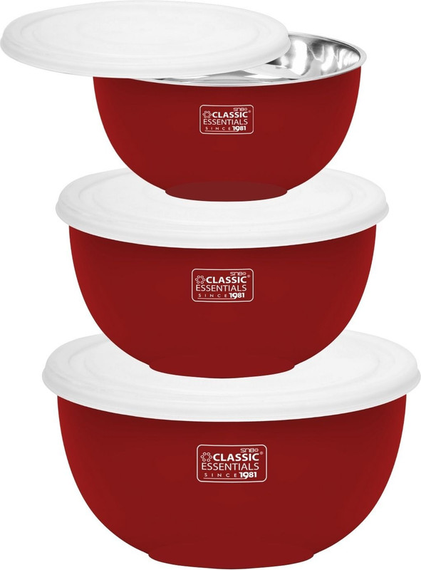 Classic Essentials Stainless Steel Storage Bowl Microwave Safe Bowl(Pack of 3, Red)