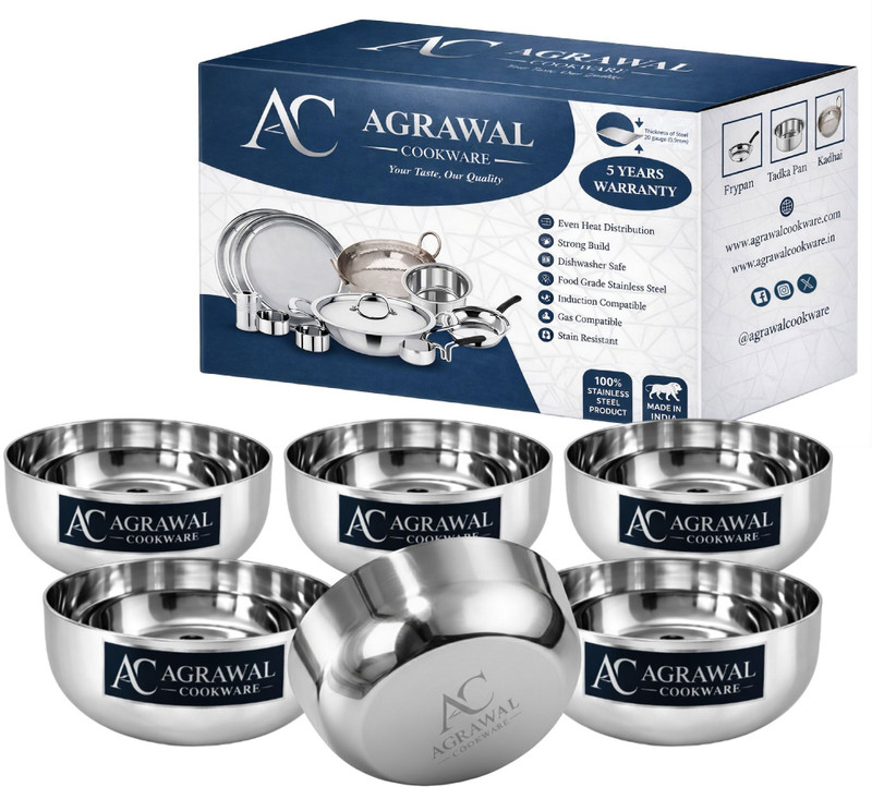 AGRAWAL COOKWARE Stainless Steel Serving Bowl Heavy Guage Stainless Steel Mirror Finish Pack of 6, Serving Bowl set of 6(Pack of 6, Steel)
