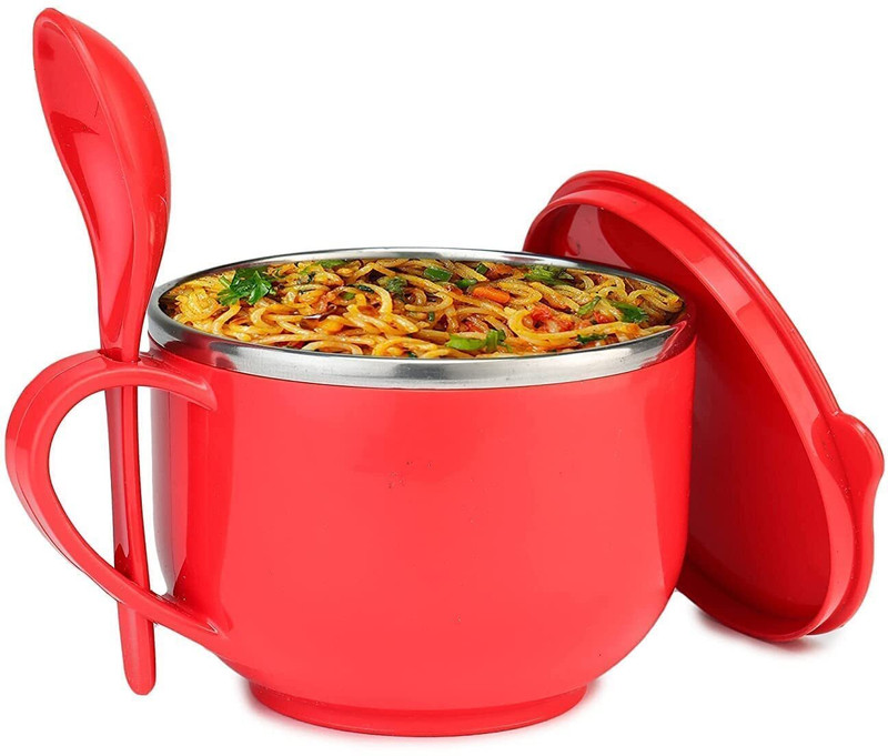 Rishox Plastic, Stainless Steel Soup Bowl Stainless Steel Bowl With Lid & Fork(Pack of 1, Multicolor)