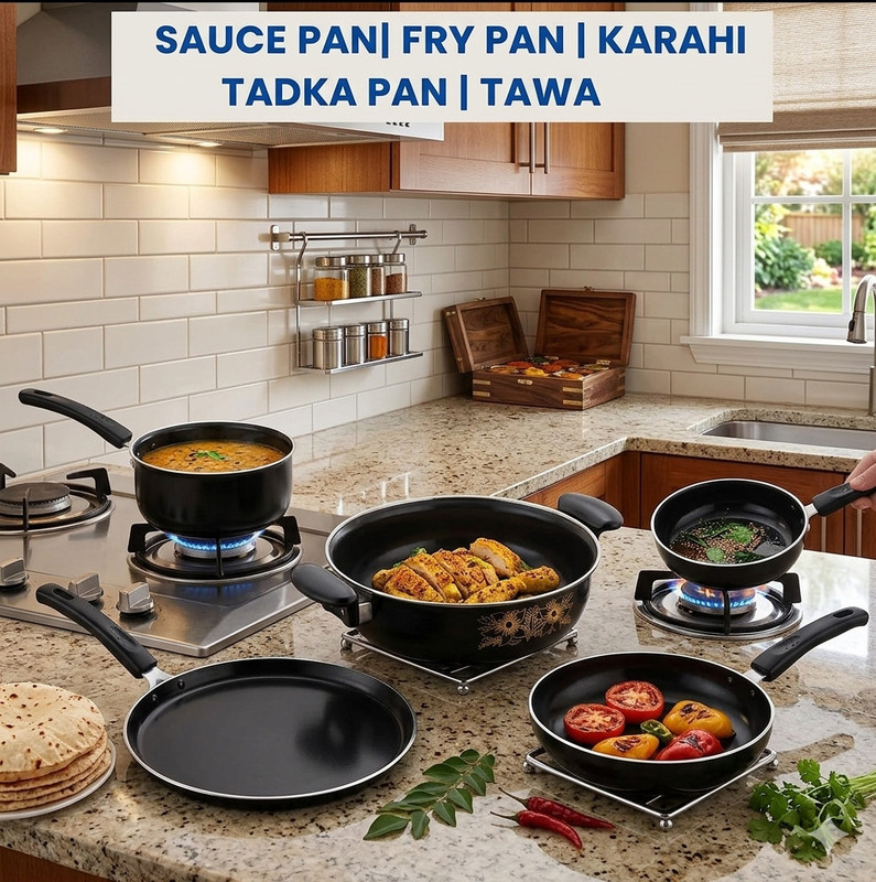 Jainpet Healthy-Fry Series: Low-Oil 5-Piece Non-Stick Kitchen Set Tagine(Black)