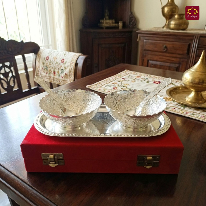 Antiqar Silver Plated Decorative Bowl Royal Dry Fruit & Paan Dan Serving Set(Pack of 5, Silver, Red)