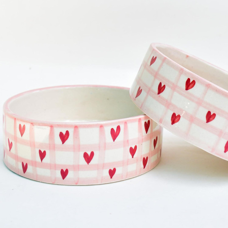 Earthystone Ceramic Serving Bowl Studio Adorable Handmade Bowl - Checked Hearts | Dishwasher Safe Ceramic Bowl Disposable(Pack of 1, Red)