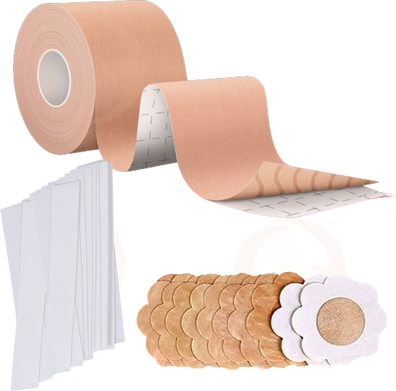 GOLDENEYEHOUSE Boob Tape Kit - Instant Lift with 10 Nipple Pasties, 36 Fashion Tape Strips Cotton, Spandex Peel and Stick Bra Petals(Beige Pack of 3)