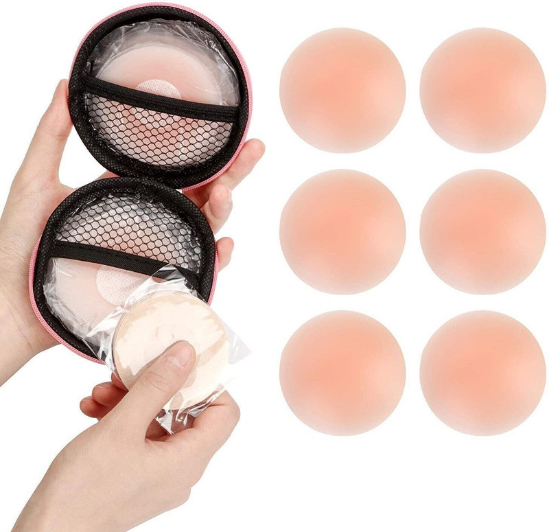 Wooger 3 Pair Women's Reusable Silicone Covers With Black Pouch Silicone Peel and Stick Bra Petals(Beige Pack of 3)