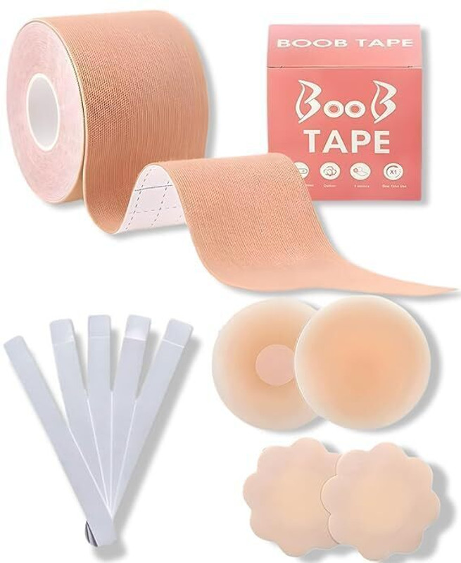 Soldtrue Boob Tape with 10 Nipple Pasties 2Nippal Cover Silicon 36 Fashion Tape Cotton Push Up Bra Petals(Beige Pack of 1)