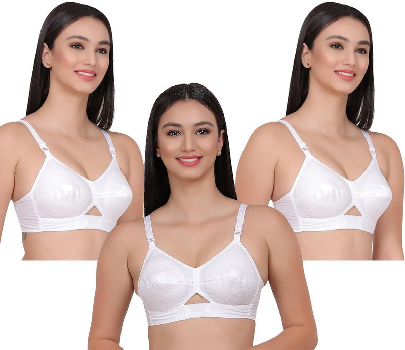 SAZEBI Comfortable round stitch bra Combo set for women center elastic cotton bra Women Everyday Non Padded Bra(White)