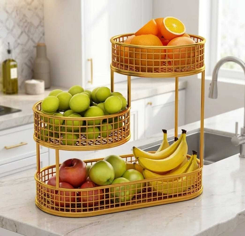 HOMEDYNASTY 3 Tier Metal Fruit Basket Stand with Mesh Design Brass Fruit & Vegetable Basket(Gold)