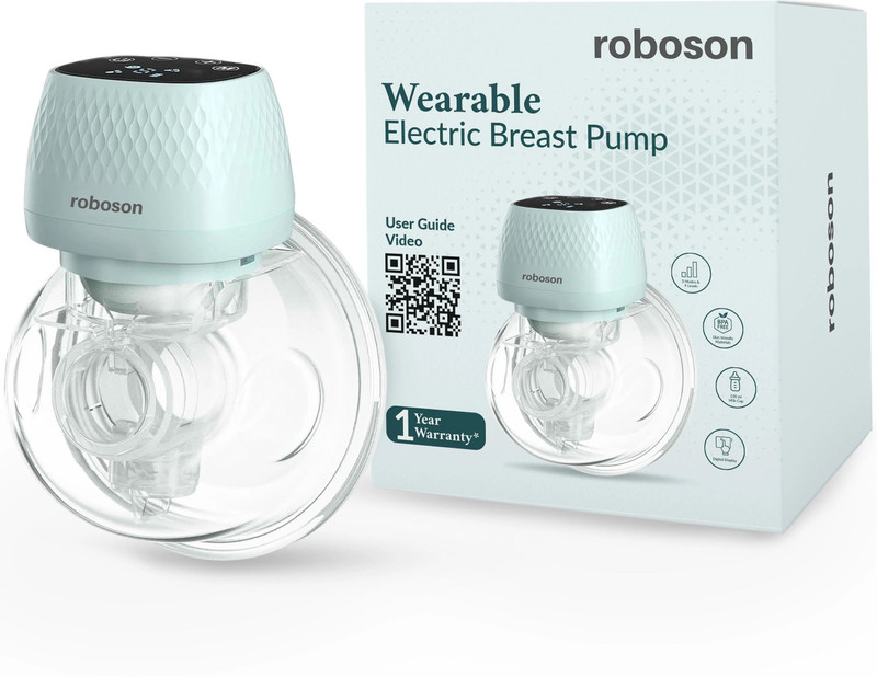 Roboson Wearable Electric Breast Pump with 3 Modes & 9 levels, with Rechargeable Battery - Electric(Seafoam)