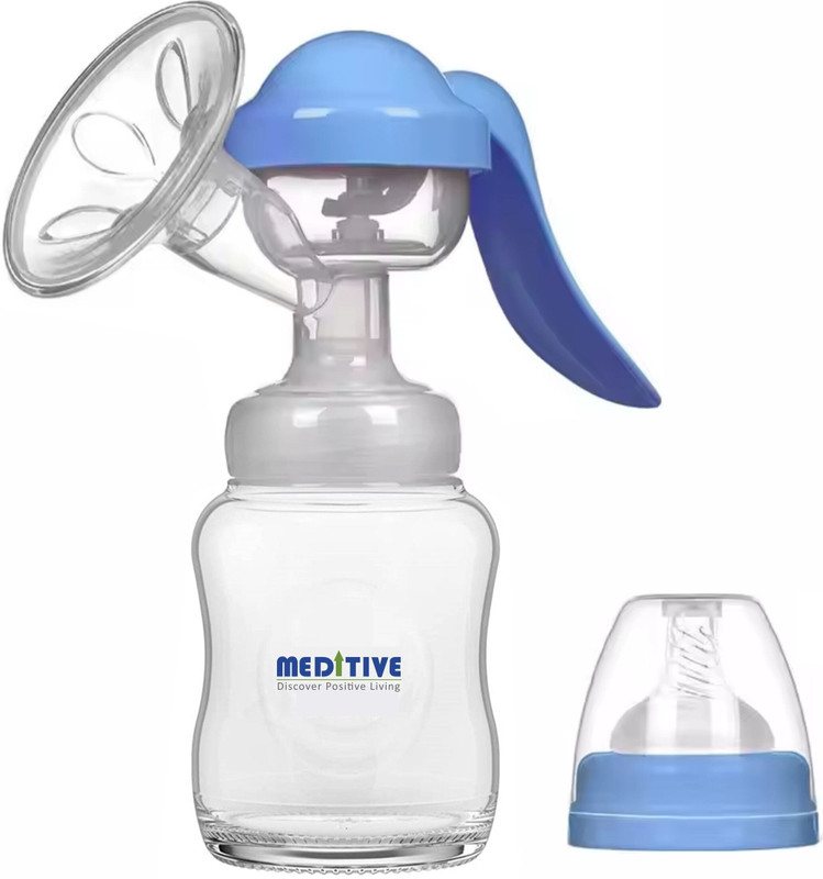 MEDITIVE Manual Breast Pump with Ergonomic Handle, Clear Plastic Bottle - Manual(White, Blue)