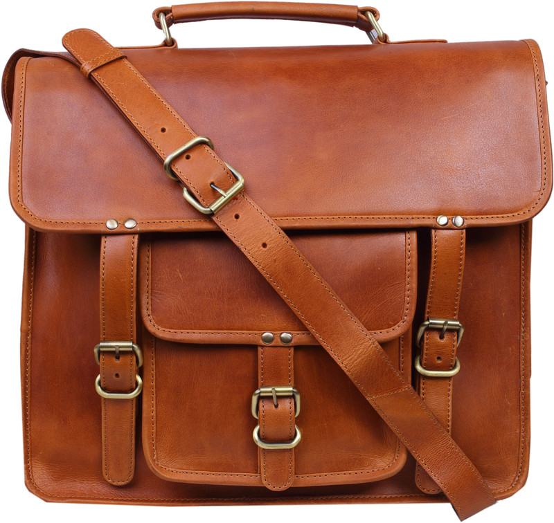 Craftsmen Classic Leather Laptop Messenger Medium Briefcase - For Men & Women(Brown)