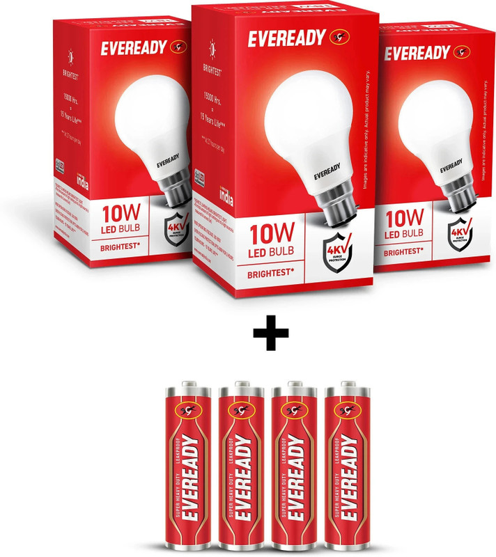 Eveready 10W LED Bulb Pack of 3 with Free 4 Batteries(White, Pack of 3)