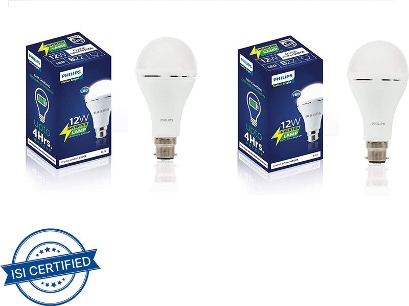 PHILIPS Inverter 12 Watt Rechargeable LED for Home, Cool Daylight, Base B22 - Pack of 2 4 hrs Bulb Emergency Light(White)